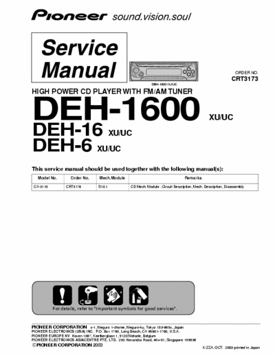 PIONEER DEH-6,16,1600 S.M.